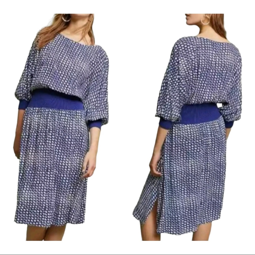 Maeve Anthropologie Gemma blouson dress boat neck blue white size large